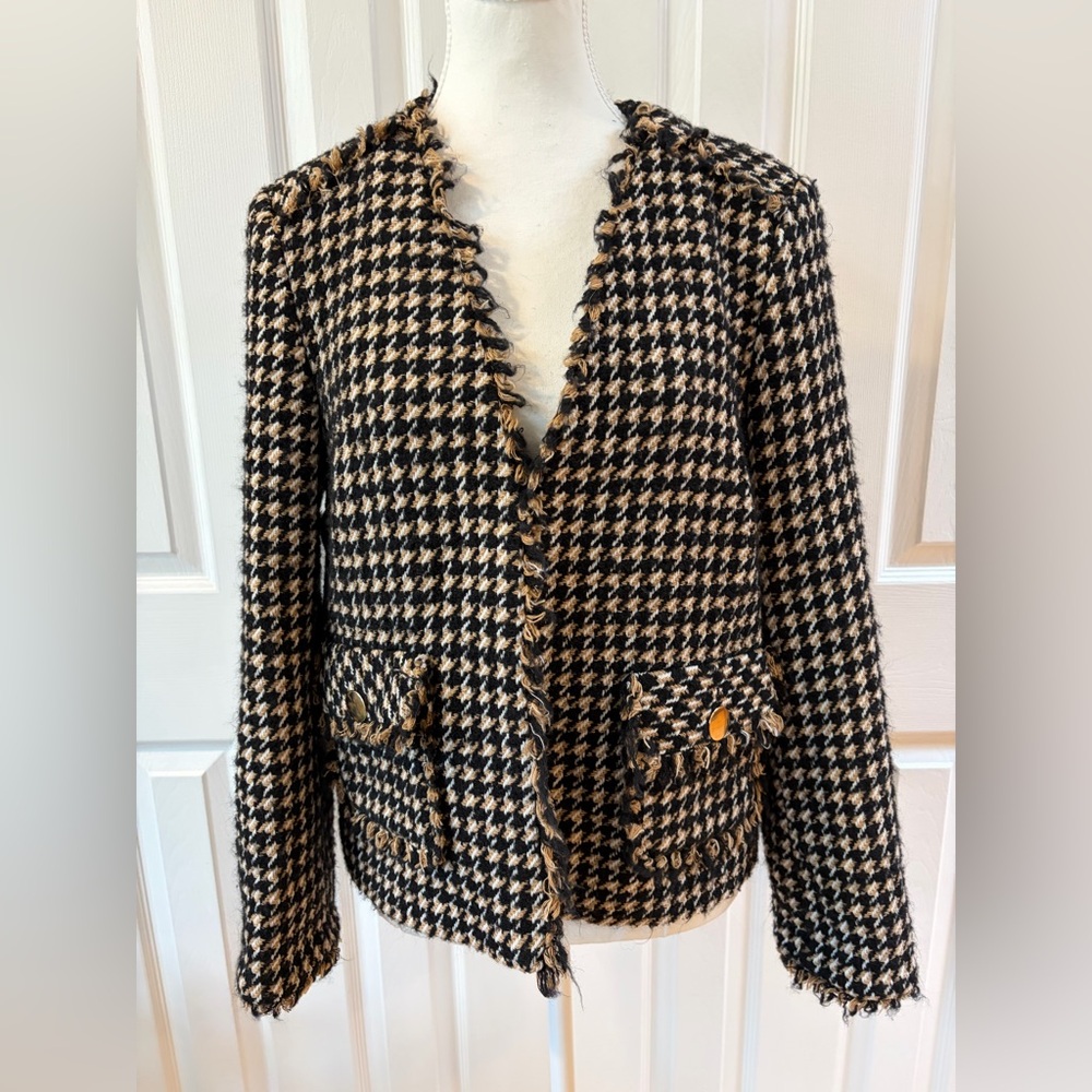 Zara Black and Brown Wool Blend Tweed Houndstooth Blazer Size L